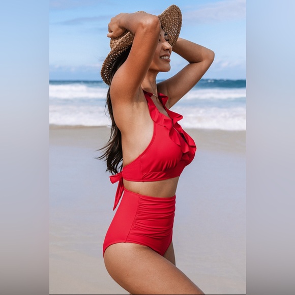 Red High Rise Ruffle Top Bikini - Picture 4 of 4